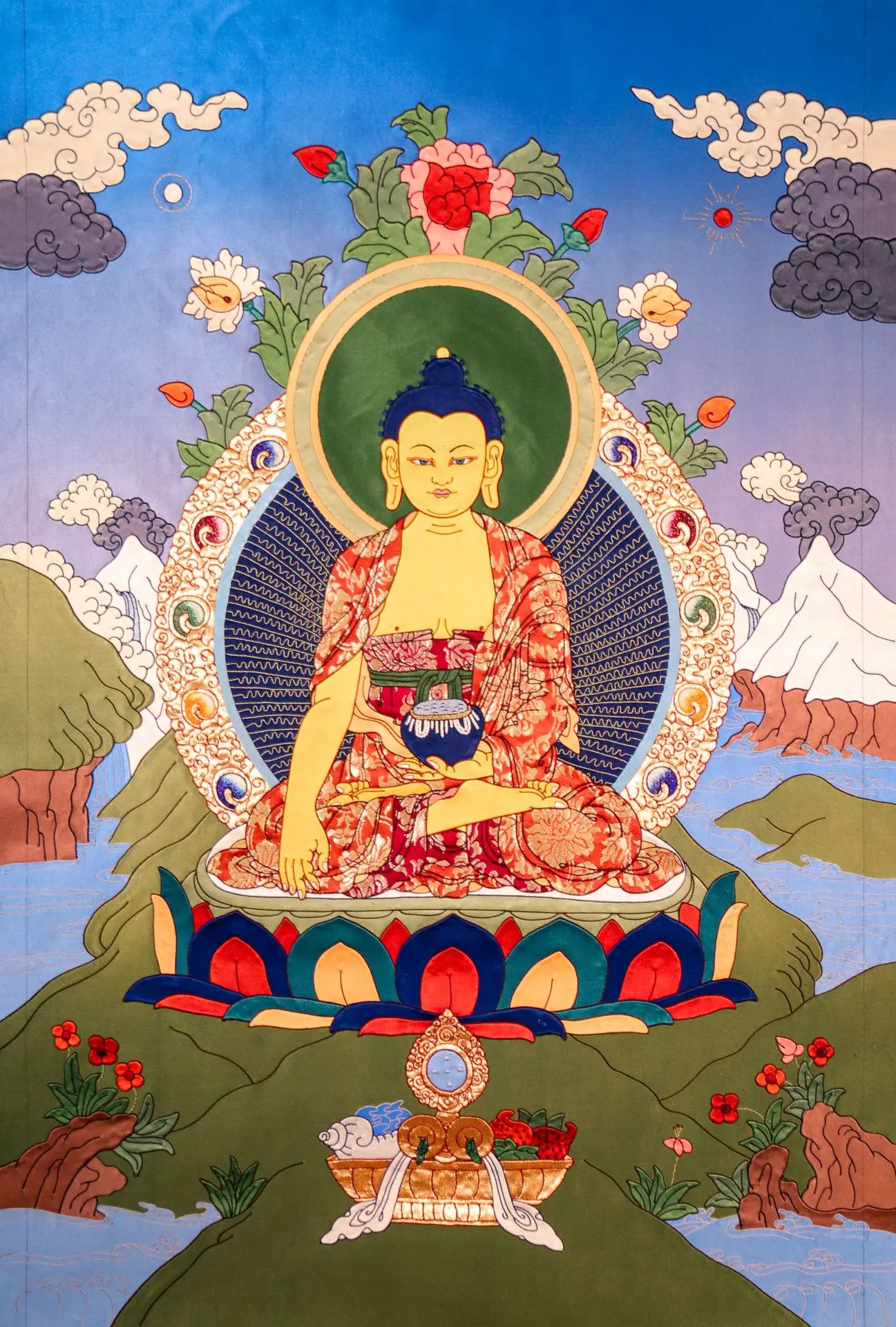 Hand-stitched Shakyamuni Buddha Silk Appliqué Thangka. Large 85cm Tibetan fabric art. Bring peace and grounding to your space today.