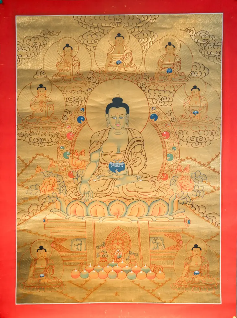 8 Medicine Buddhas Thangka – Golden Serthang – Ultimate Healing Assembly