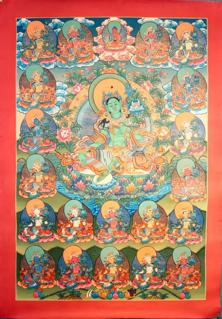21 Taras Thangka – Vintage Menri Style – Circle of Fearless Protection