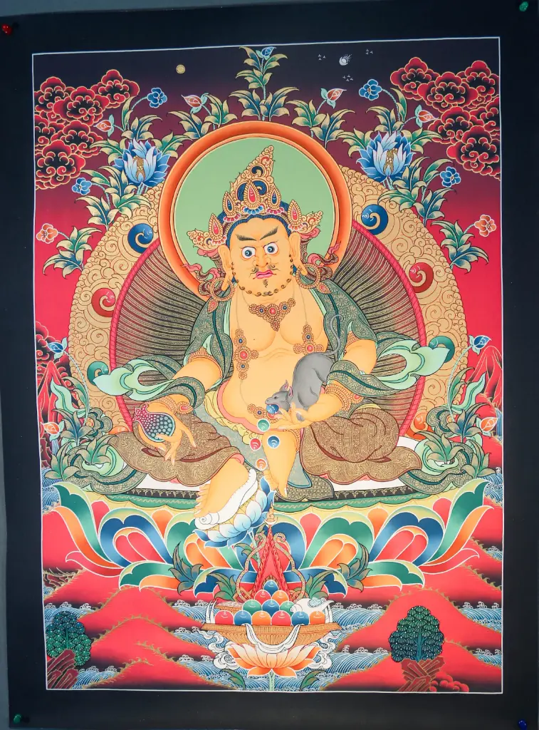 Yellow Jambhala Thangka – Radiant Red Background – Wealth of Inner Abundance