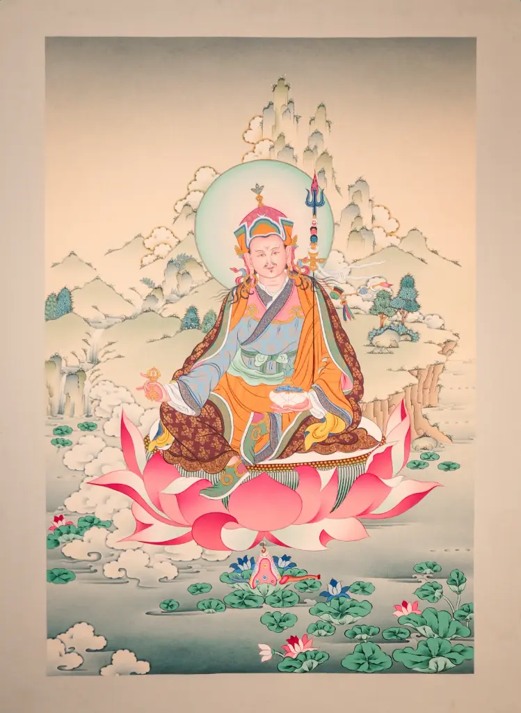 Guru Rinpoche Thangka – Ethereal Karma Gadri Landscape