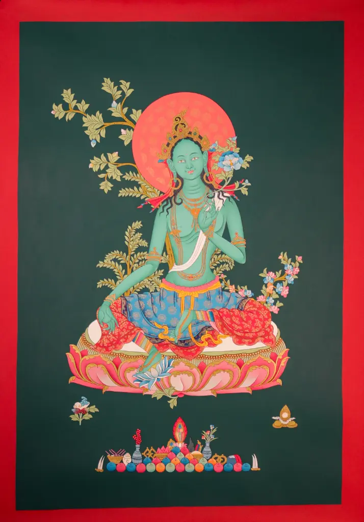 Green Tara Thangka – Emerald Radiance – Karma Gadri Style
