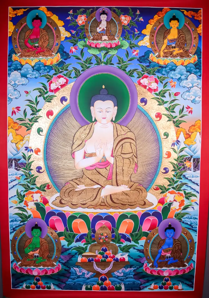 Five Dhyani Buddha Thangka – Gold Detailing – Menri Style