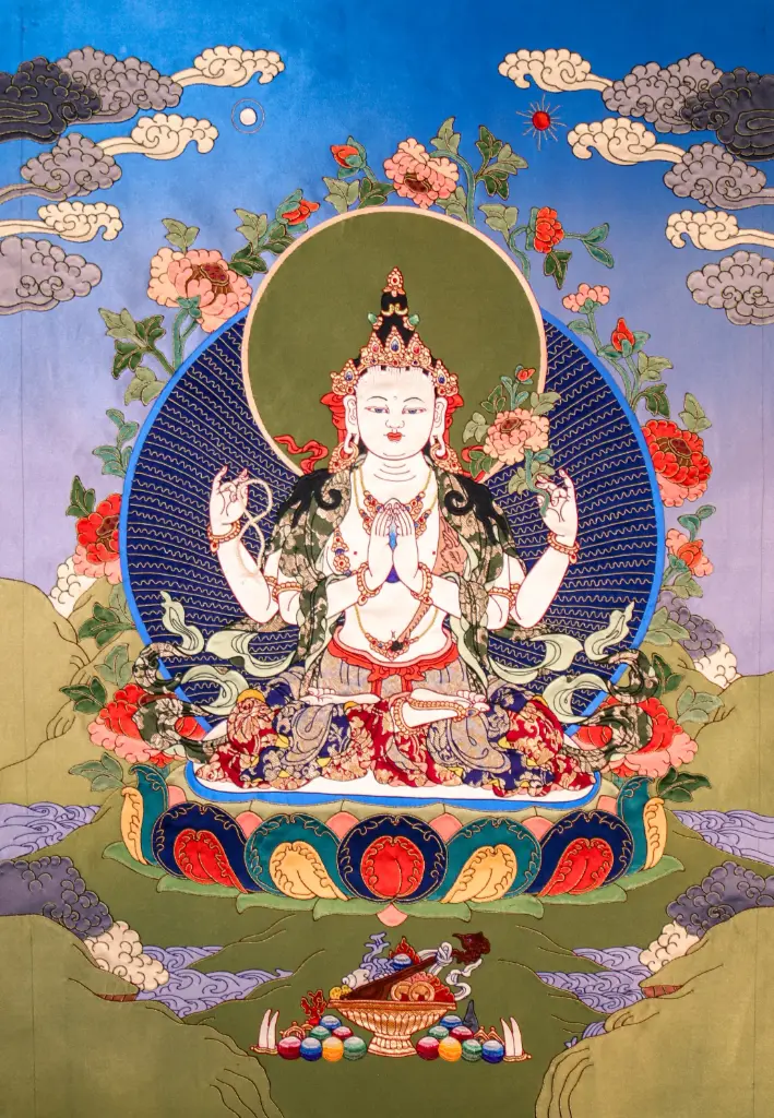 Chenrezig Appliqué Thangka – Silk Brocade – Radiance of Pure Love