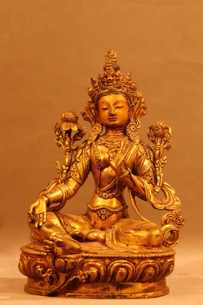 Green Tara Statue – The Copper Saviouress on Ornate Throne