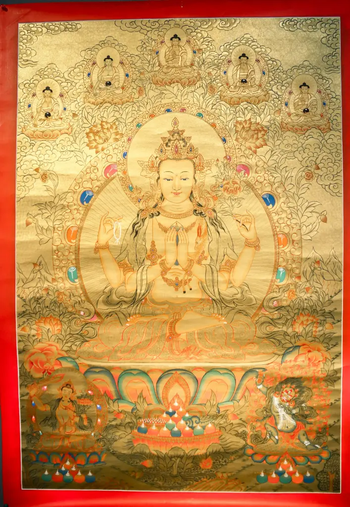 Chenrezig Thangka – 24K Gold Serthang – The Heart of Awakened Compassion