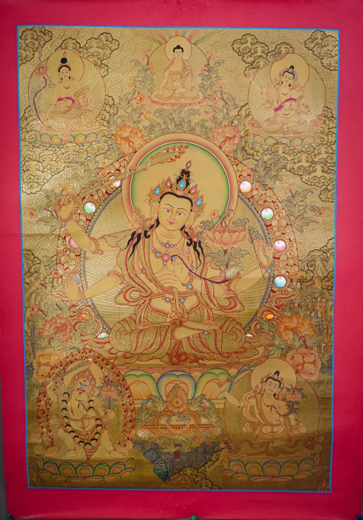 Four‑Armed Manjushri Thangka (Five‑Deity Gold Serthang)
