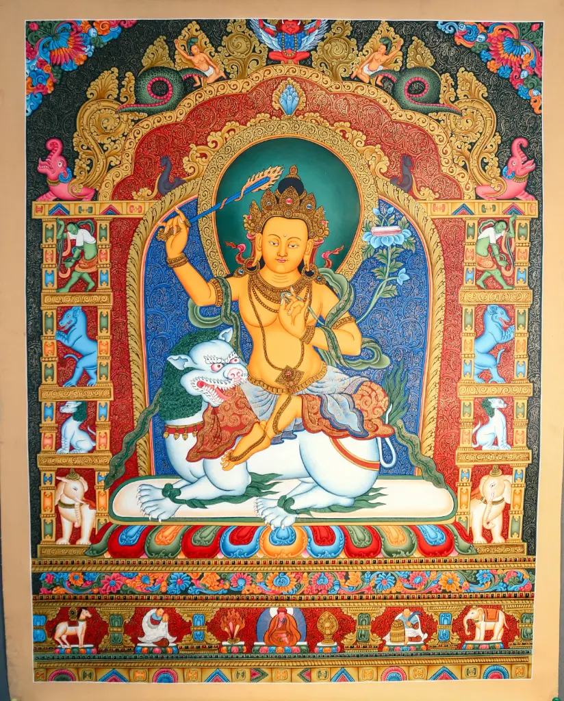 Manjushri on Snow Lion Thangka – Newari Paubha Masterpiece