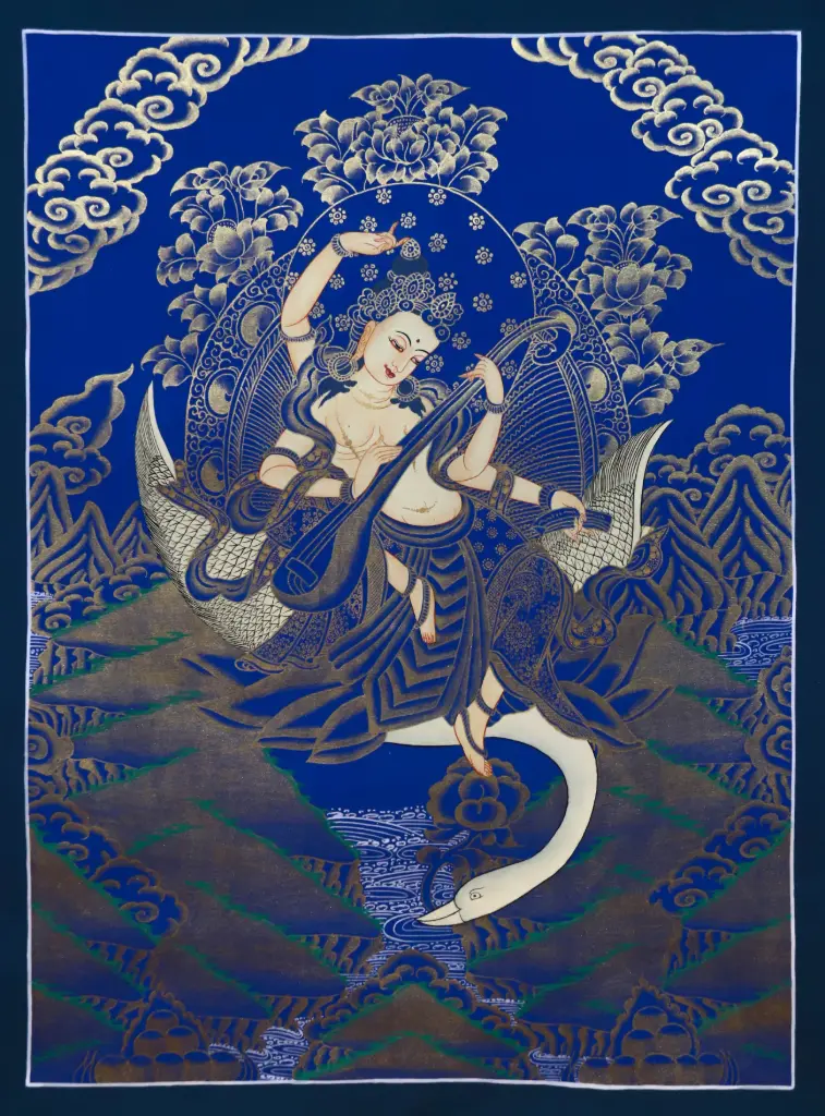 Saraswati Thangka (Azure Gold Masterpiece)