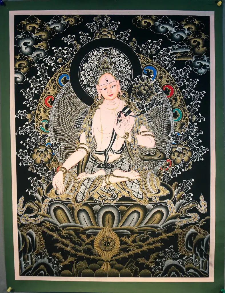 White Tara Thangka – Nagthang Gold & Silver – Goddess of Long Life