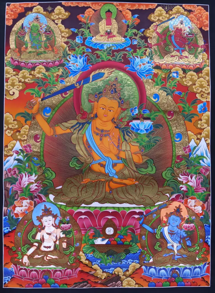 Arapachana Manjushri Thangka  (Vibrant Menri Masterpiece)