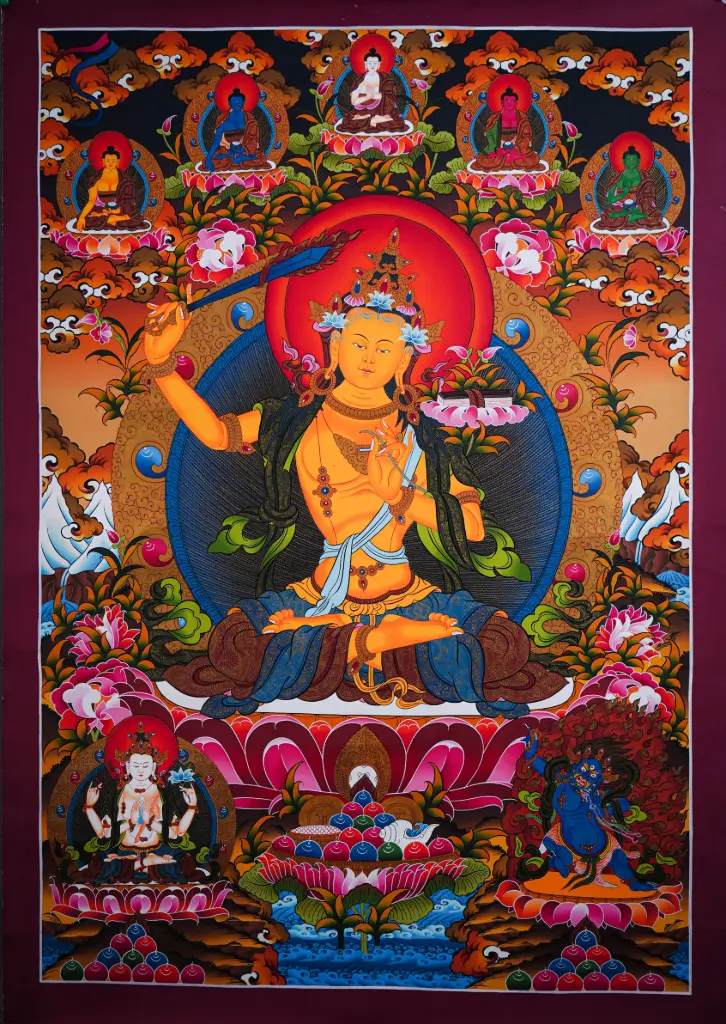 Rigsum Thangka with Five Dhyani Buddhas (Manjushri, Chenrezig & Vajrapani)
