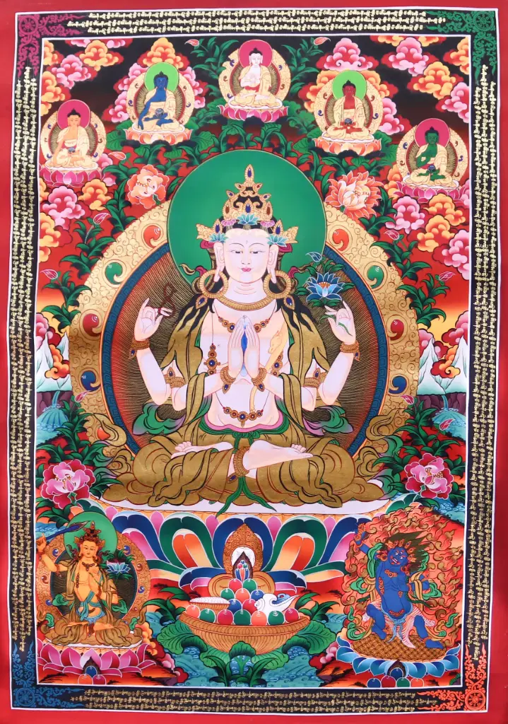 Rigsum Gonpo (Avalokiteshvara) Thangka (Five Dhyani Buddha Blessing) Nagthang Mantra Border