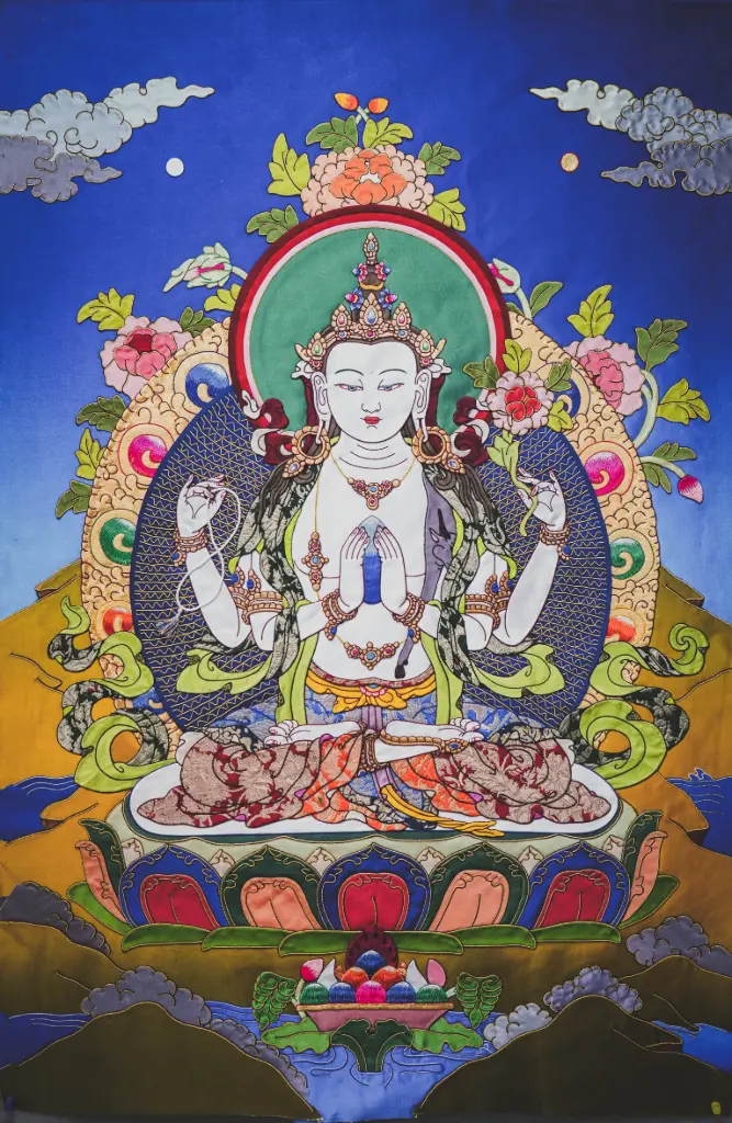 4-Armed Chenrezig Thangka – Tibetan Silk Applique
