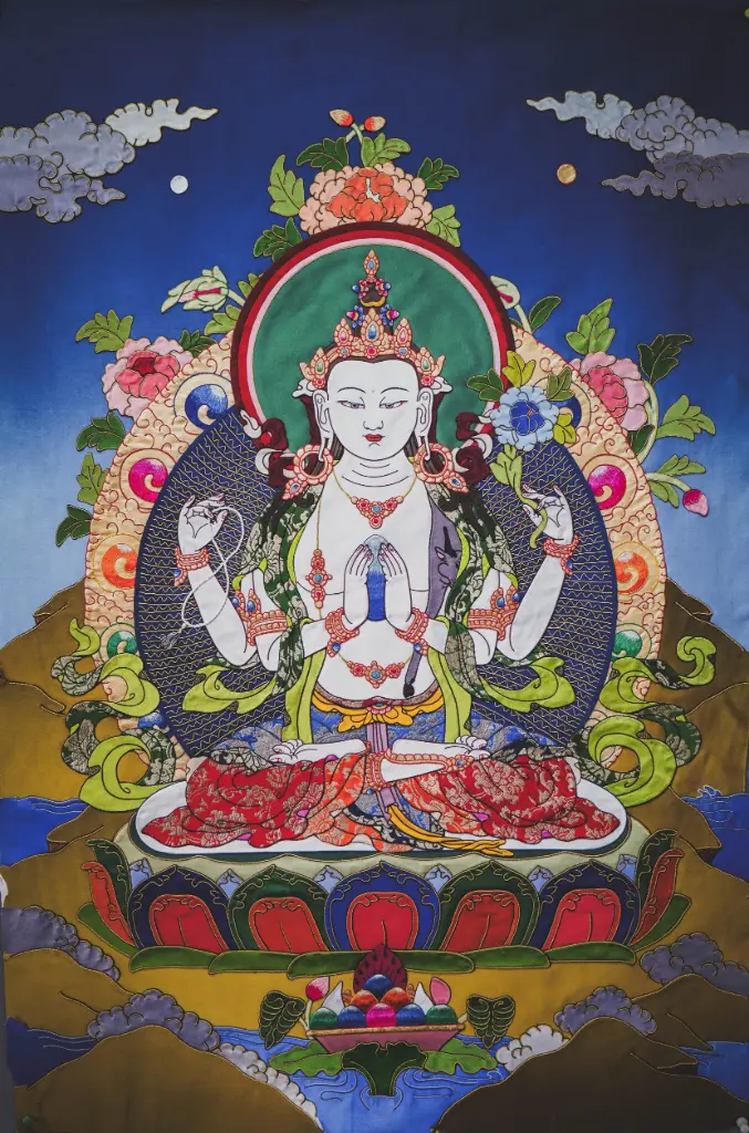 4-Armed Chenrezig Thangka – Silk Applique
