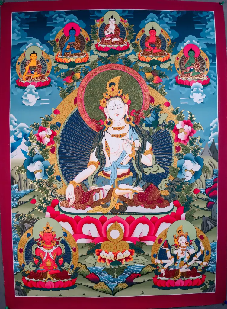 White Tara Thangka – Long Life Trinity & Five Dhyani – Radiant Healing Mandala