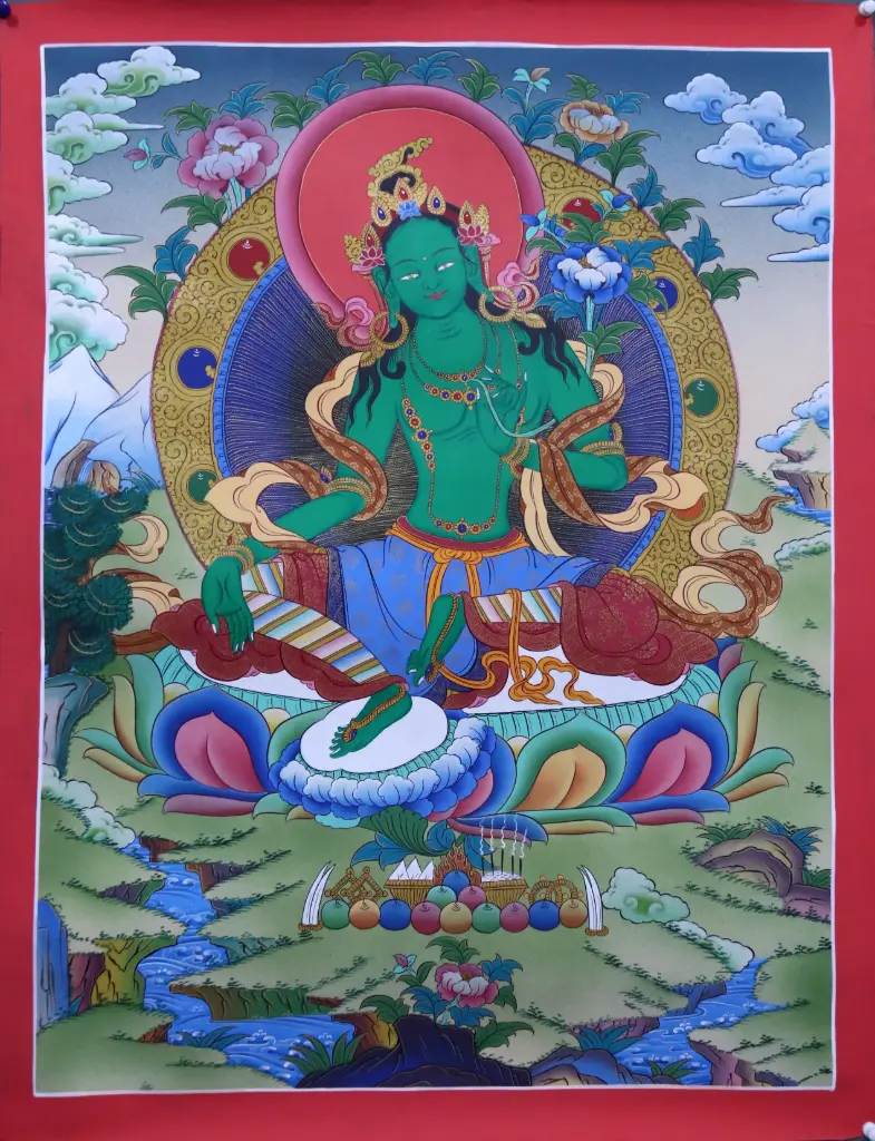 Green Tara Thangka – Menri Landscape Style