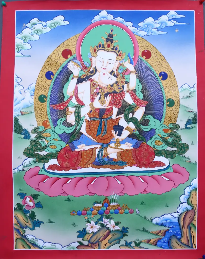 Vajrasattva Shakti Thangka – Karma Gadri Style – Union of Ultimate Purity