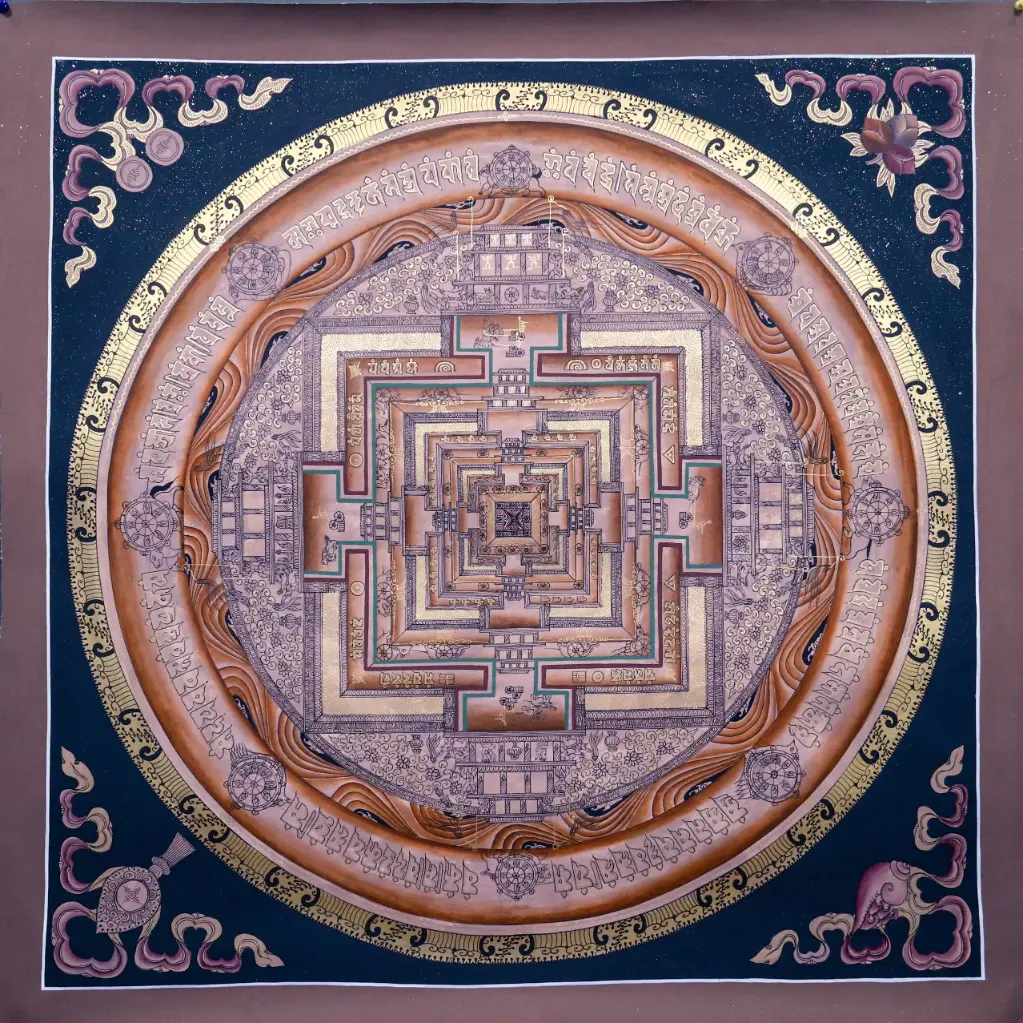 Brown Kalachakra Mandala Thangka — Sacred Palace of Time on Black Ground