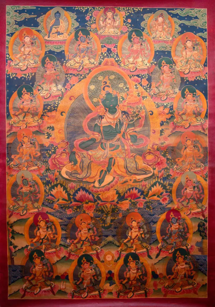 Green Tara, 21 Taras, Akshobhya, Chenrezig, Vajrasattva Thangka– Antique Menri