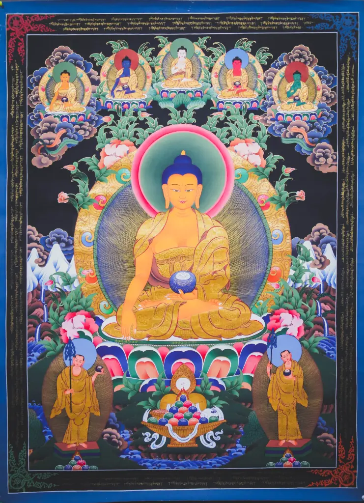 Shakyamuni Buddha Thangka – Nagthang Masterpiece with Five Dhyani Buddhas – The Still Light Within