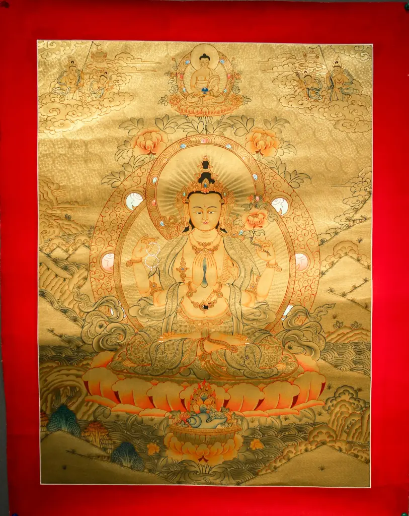 Chenrezig Thangka – Serthang Golden Ground – Heart of Boundless Compassion