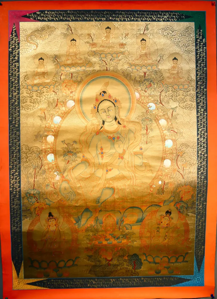 Green Tara Thangka – Five Dhyani Assembly – Swift Mother of Compassion in Pure Gold