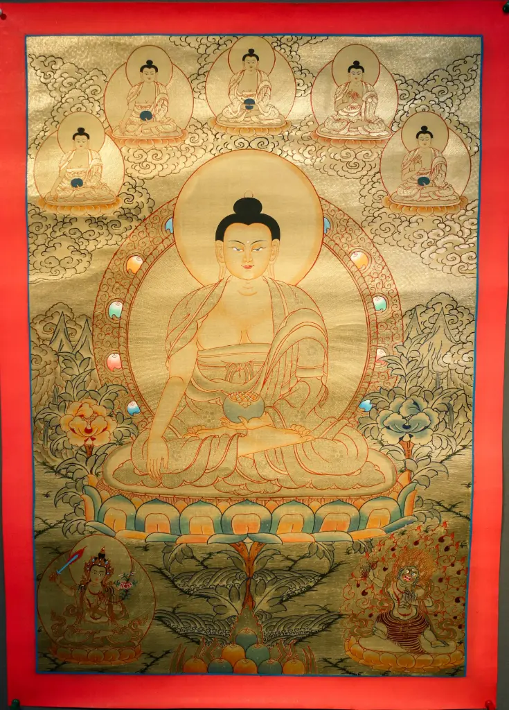 Golden Shakyamuni Buddha Thangka with Vairochana, Akshobhya, Ratnasambhava, Amitabha & Amoghasiddhi